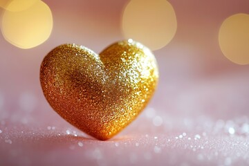 Fototapeta premium single golden heart-shaped charm rests delicately on smooth blush pink surface softly illuminated with generous copy