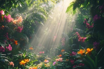 Sunbeams illuminate lush tropical rainforest with vibrant orchids and diverse flora.