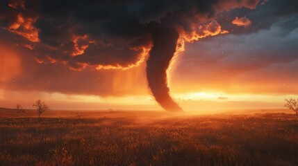 A tornado moving across a prairie at night, with the dark sky illuminated by occasional flashes of lightning