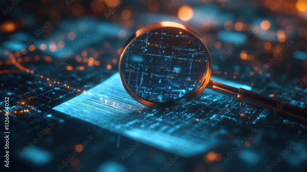 Poster a detailed it security risk assessment concept depicted with a magnifying glass focused on a documen