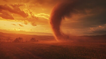 A tornado moving across a prairie at sunrise, with the early morning light casting long shadows and the sky filled with a mix of orange hues and dark storm clouds