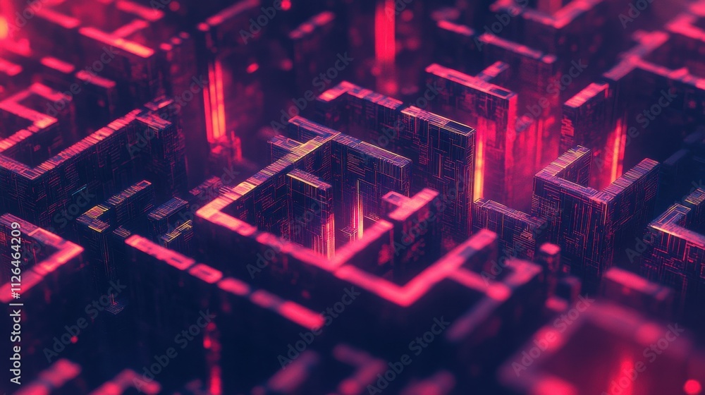 Poster a complex digital maze representing the challenges and obstacles in the digital world, symbolizing c
