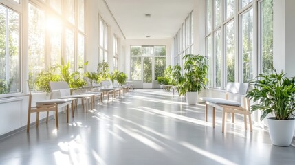 Obraz premium A modern medical ward featuring clean floors, advanced patient beds, and a serene, supportive environment.