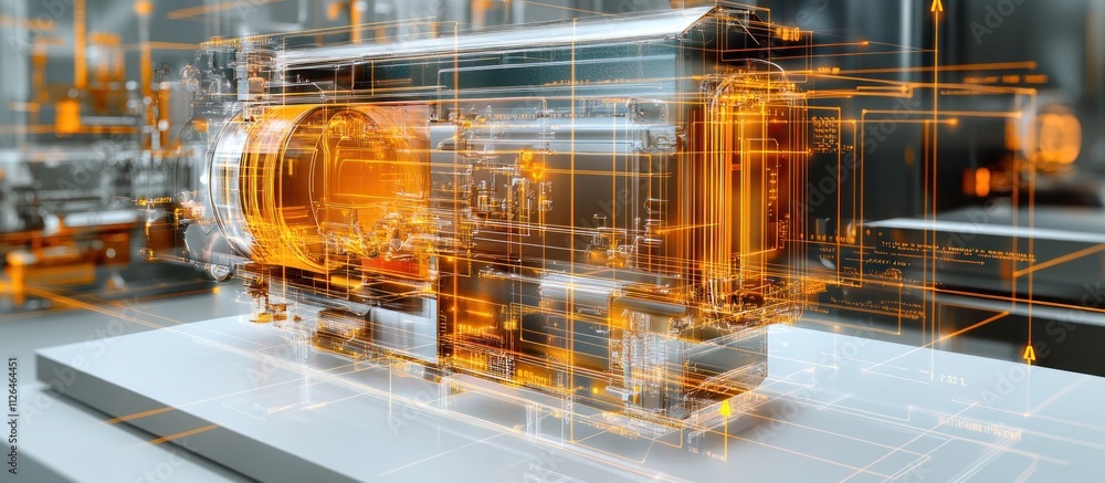 Poster 3d model of complex machinery with internal components highlighted.