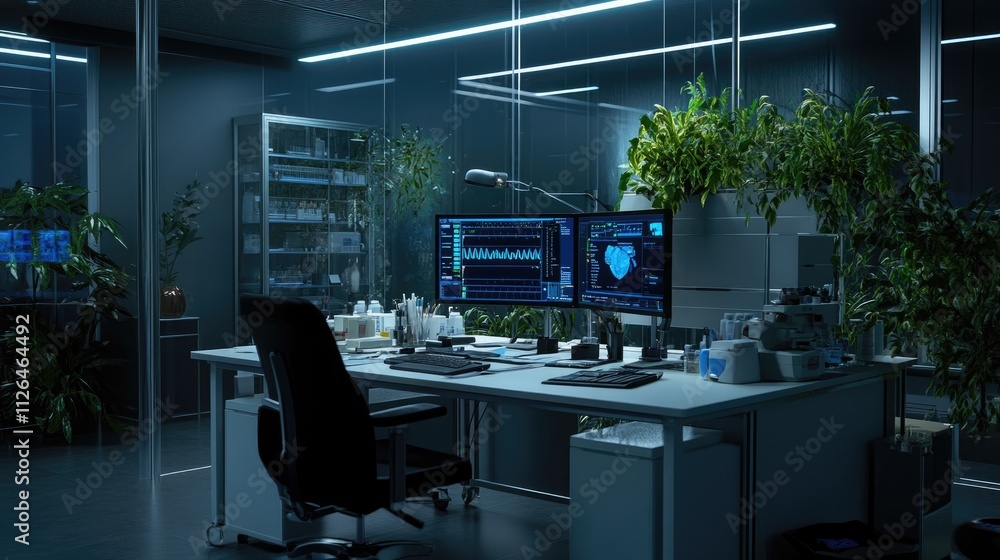 Poster a modern workspace with a computer displaying automated medical record results, highlighting efficie
