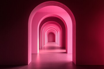 Naklejka premium An arched corridor in pink, minimalistic, dark background