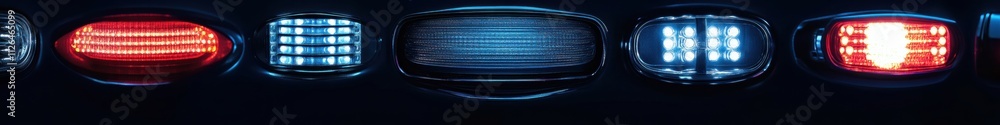 Aufkleber Various LED car headlights and tail lights are artistically arranged on a dark background, providing ample space for added text and design elements. Generative AI