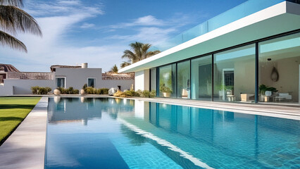 luxury Villa open design exterior view with blue glass swimming pool lawn house