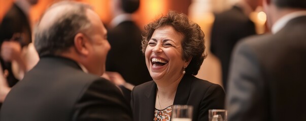 Obraz premium Business professionals interacting and laughing during a lively corporate event