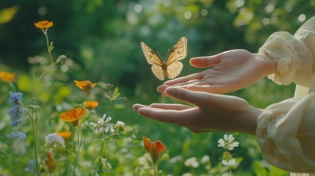 lifestyle photograph of hands gently releasing a butterfly, set in a vibrant summer setting. Sense of freedom and connection to nature