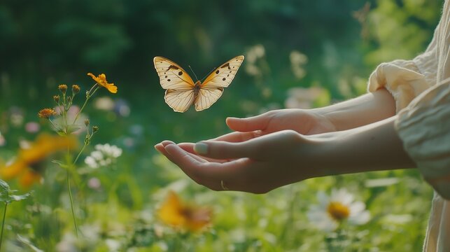 Woman hands releasing butterfly. Sense of freedom and connection to nature