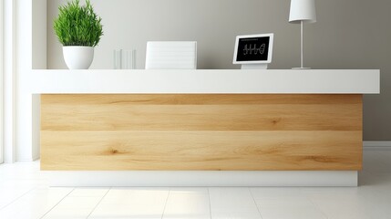 Fototapeta premium A professional hospital counter setup with white and natural wood materials, offering a digital screen for service details.