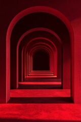 Fototapeta premium An arched corridor in red, minimalistic, dark background