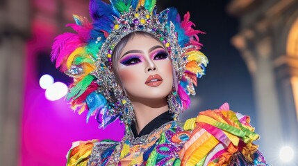 Vibrant Festival Costume with Colorful Feathers and Bold Makeup Showcased Under Bright Stage Lights