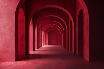 An arched corridor in red, minimalistic, dark background