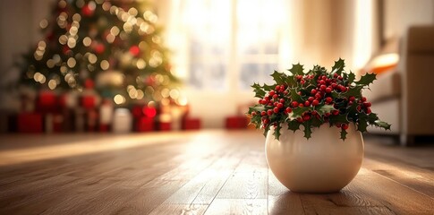 Fototapeta premium White ceramic pot with holly in festive living room setting