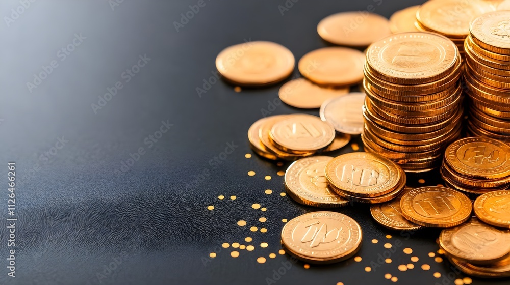 Poster close-up view of stacked gold coins with shiny surface creating an eye-catching display of wealth an