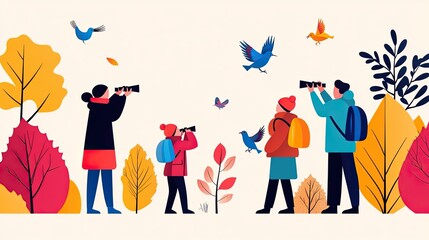 Family Enjoying Birdwatching in a Colorful Autumn Landscape with Vibrant Leaves and Playful Birds in the Background