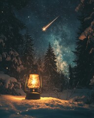 A lamp shining with warm light against the background of a winter forest and the night sky with a bright shooting star