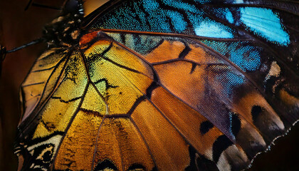 Fototapeta premium The image showcases the intricate details of a butterfly's wing, with vibrant colors and delicate patterns.