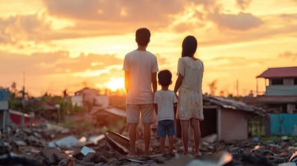 Fototapeta premium Three Children Watching Beautiful Sunset Over a Ruined Landscape After Disaster in a Rural Area, Hope and Resilience