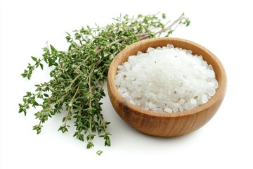 Fresh thyme and sea salt in a wooden bowl symbolize culinary creativity and natural flavor enhancement