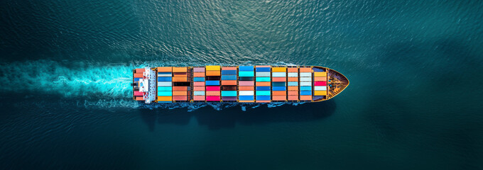 A top-down perspective of a container ship loaded with colorful cargo, creating a wake as it moves through deep blue waters, symbolizing global trade and logistics