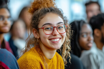 Fototapeta premium A cheerful young woman wearing red glasses and a mustard sweater, smiling brightly at a lively social event. Diverse group of people blurred in the background