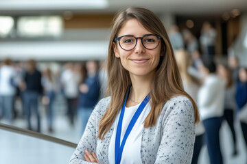 Portrait of a confident young woman with glasses and a lanyard at a professional event, with a blurred crowd in the background.
