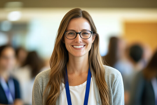 Smiling woman with glasses and name badge at professional event. Close-up portrait with blurred crowd in background. Networking and career development concept