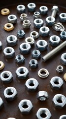 Close-up view of various metal nuts, bolts, and washers arranged on a dark surface, showcasing different sizes and textures.