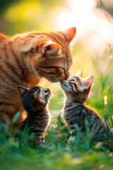 Portrait of mother cat with kittens. Selective focus.