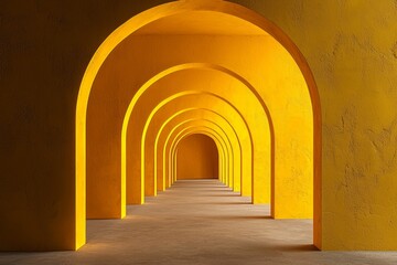 Obraz premium An arched corridor, minimalistic, in a yellow color scheme with a dark background and volumetric lighting. 
