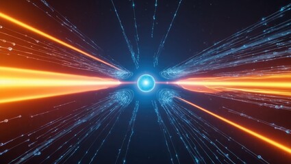 Obraz premium Dynamic blue and orange energy streams radiating from a central glowing sphere, creating a sense of motion and vibrancy against a dark background.