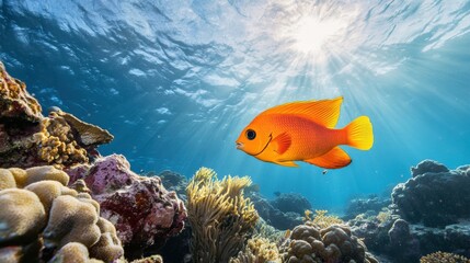 Obraz premium vibrant orange fish swimming among coral reefs in clear blue water