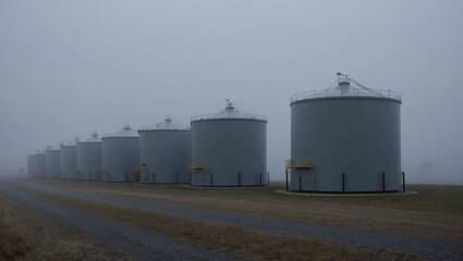 Industrial storage tanks and silos stand in a foggy rural landscape, characterized by muted colors and a serene atmosphere.