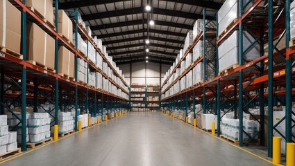 Fototapeta premium Spacious industrial warehouse interior featuring organized shelves stacked with boxes and pallets, concrete flooring, overhead lighting, and clear pathways for logistics.