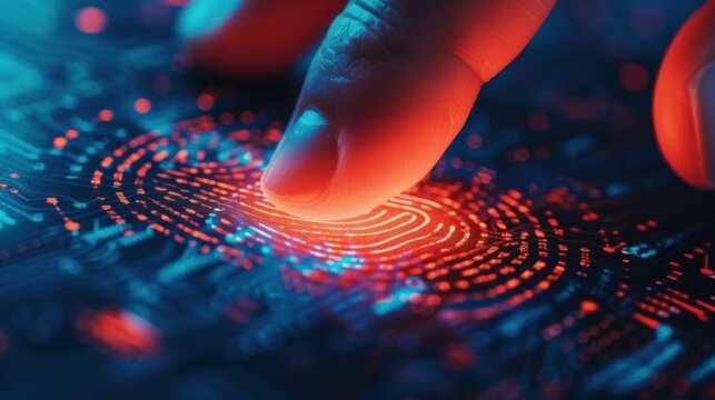 A closeup of a hand using a fingerprint scanner to access sensitive data highlighting the importance of biometric authentication in cybersecurity. - Powered by Adobe