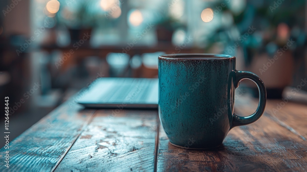 Poster A serene work environment captures a sleek laptop resting on a wooden table beside a vibrant coffee mug. Soft light filters through, creating an inviting atmosphere for productivity
