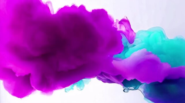 dreamy ink cloud floating in a soft white space, blending shades of magenta and violet with hints of teal