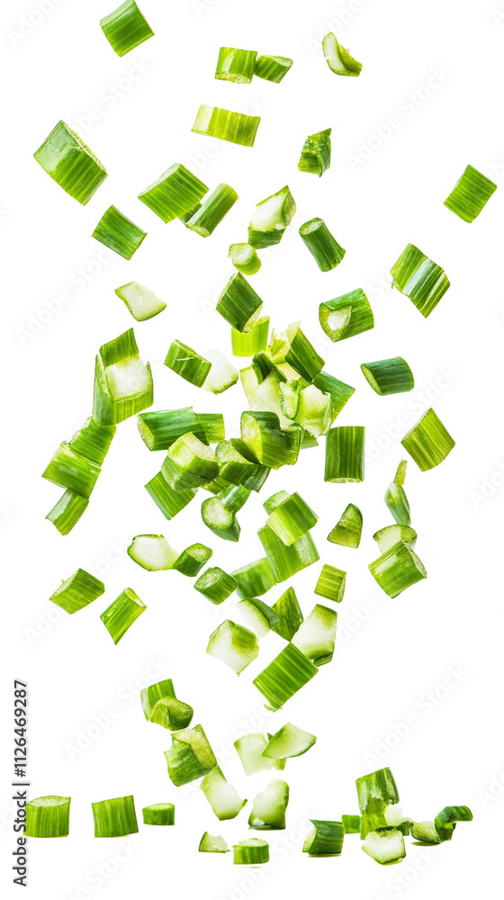 Poster falling chopped green onion isolated on transparent background