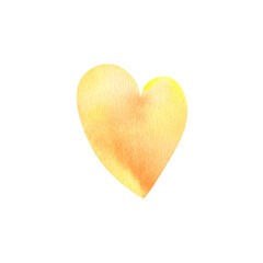 A yellow, watercolor heart on a white background. The illustration is hand-drawn. Valentine's day. A celebration of love. Clipart, stickers, logo, decor.