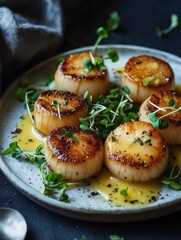 A plate of seared scallops garnished with microgreens and a drizzle of sauce.