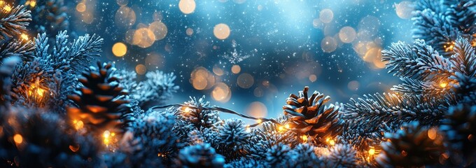 Fototapeta premium Festive Winter Wonderland Snow Covered Pine Branches with Warm Lights