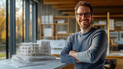 Fototapeta premium A professional architect or engineer smiling confidently in a modern office environment