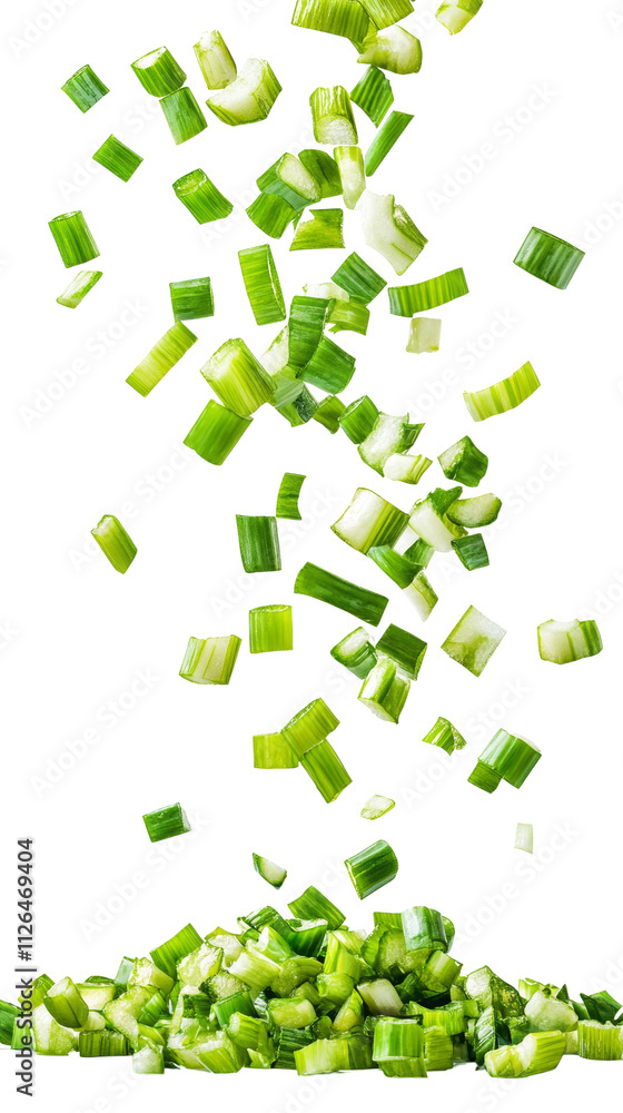 Poster falling chopped green onion isolated on transparent background