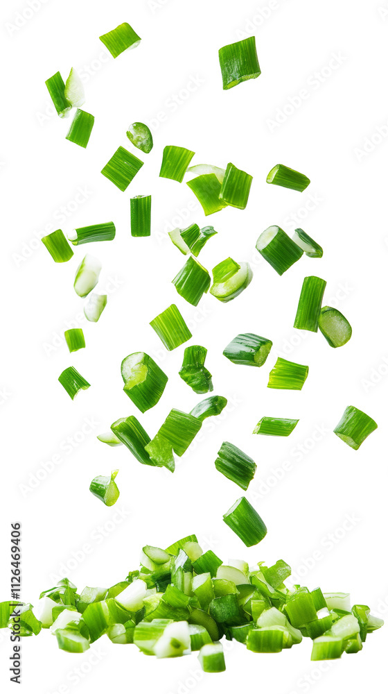 Poster falling chopped green onion isolated on transparent background