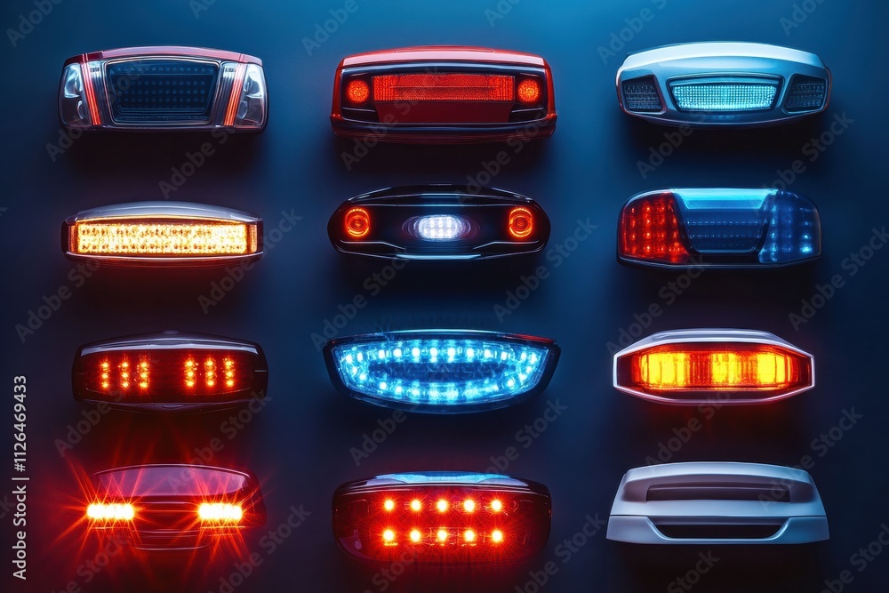 Poster various led car headlights and tail lights are arranged in an aesthetically pleasing manner, with a 