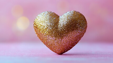 Fototapeta premium single textured heart crafted from golden glitter sits on smooth pastel pink surface softly illuminated with copy space
