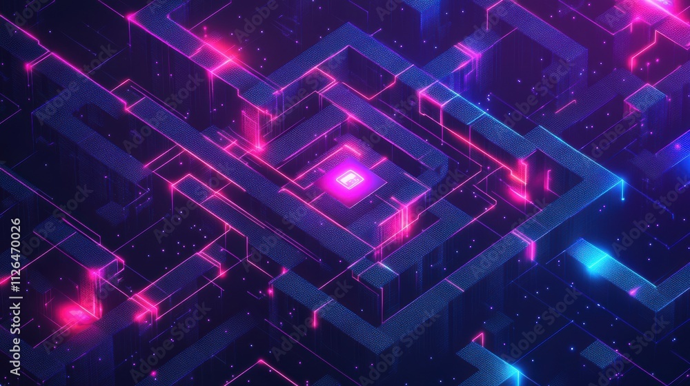 Poster a complex digital maze representing the challenges and obstacles in the digital world, symbolizing c